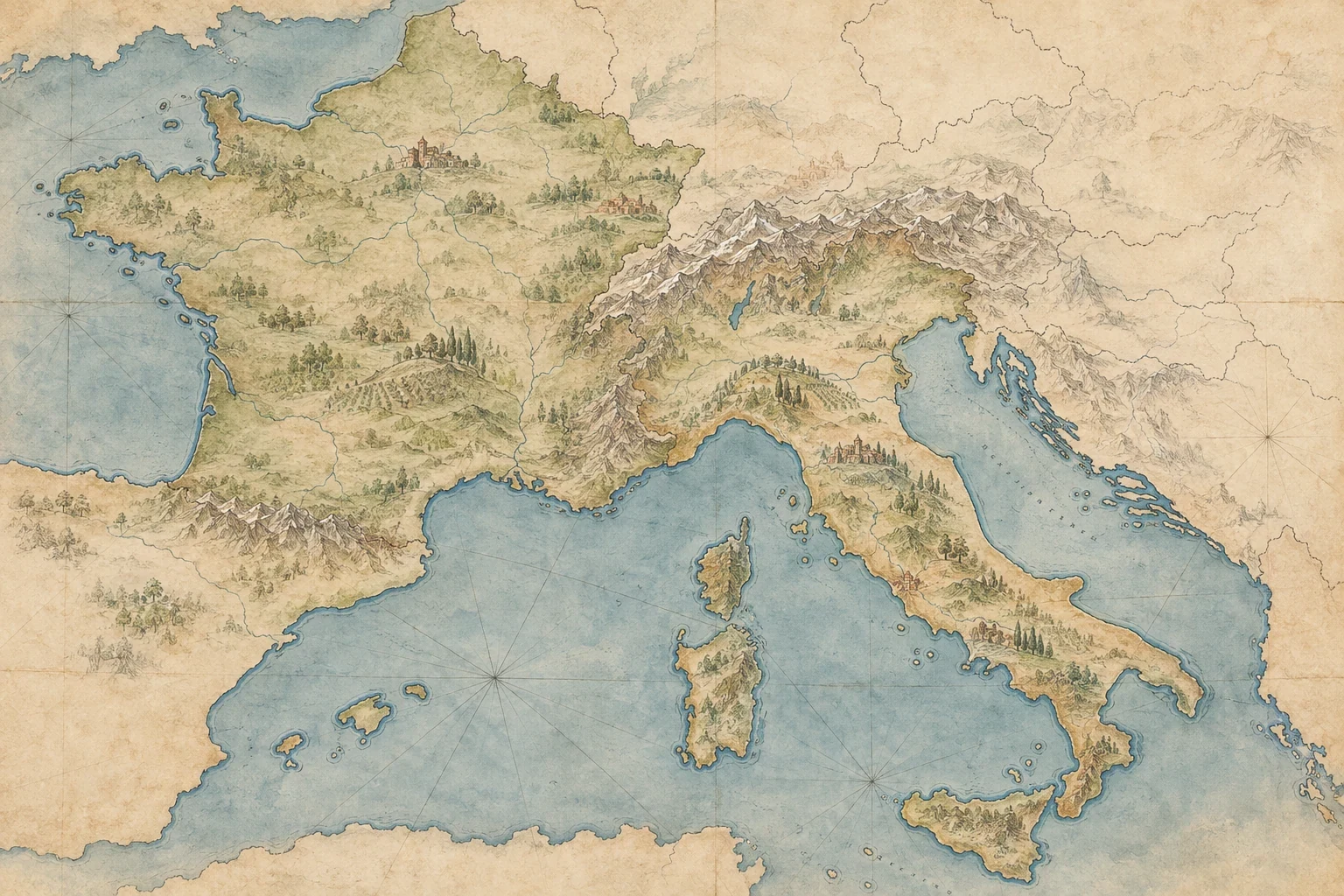 フランスとイタリア周辺をペンと淡い水彩で描いた地図